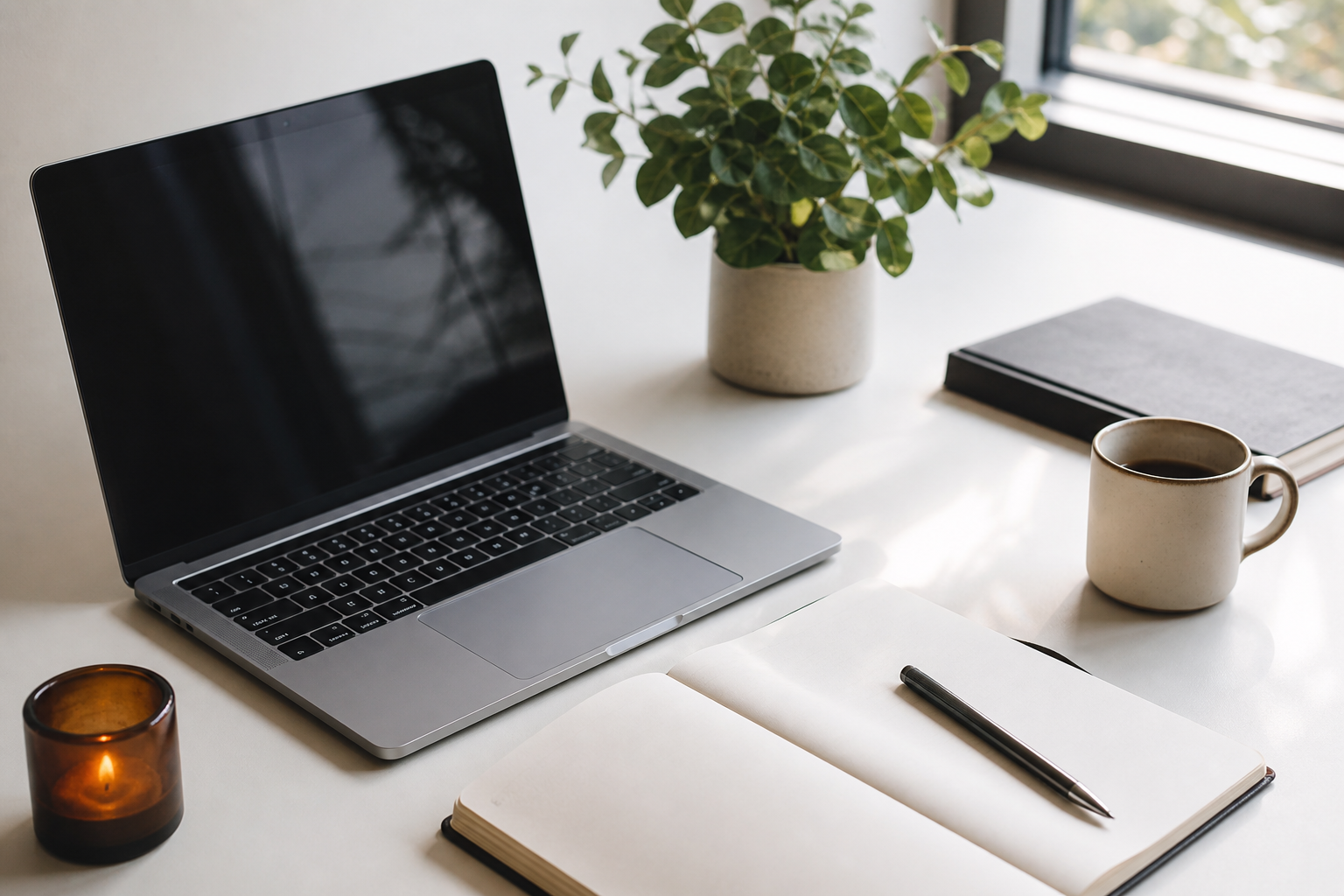 A bright desk with a laptop, notebook, pen, and plant.